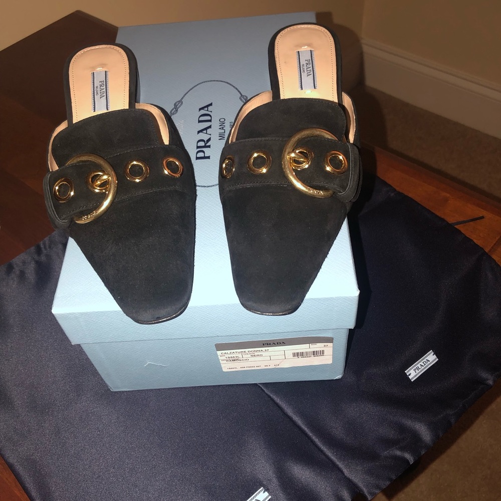 Prada Calzature Donna Suede Slides Nero (Black), Size 37